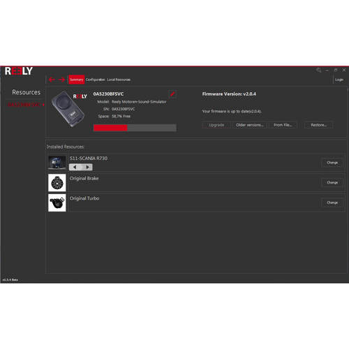 Benutzeroberfläche einer Rely-Software zur Verwaltung von Sound Simulatoren. Zeigt installieren Ressourcen und Firmware-Version v2.0.4.